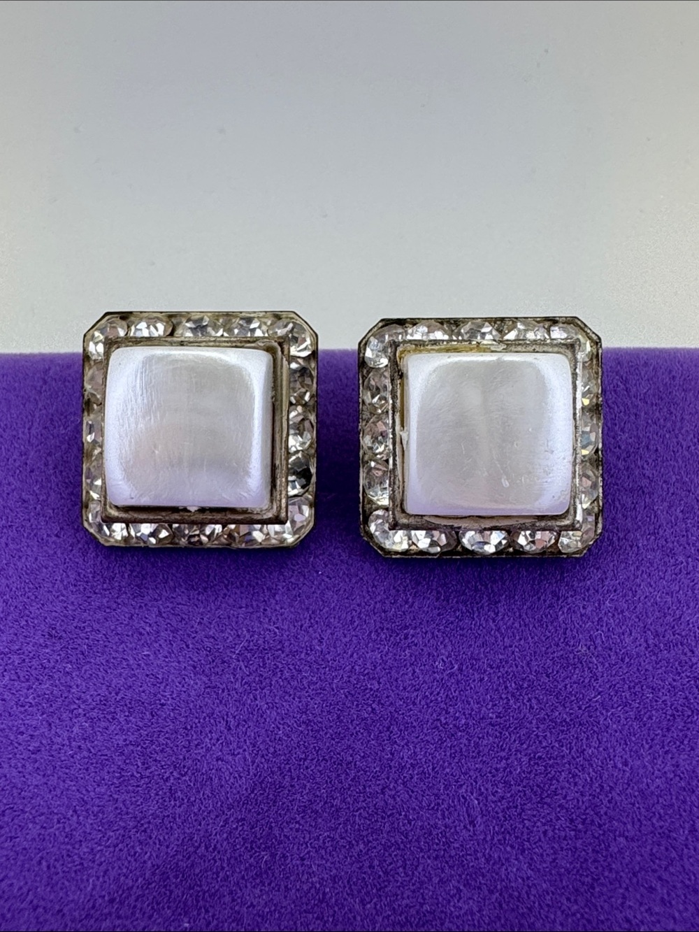 💛 Vintage Coro Silver Square Faux Mother-of-Pearl & Crystal Earrings | Clip On